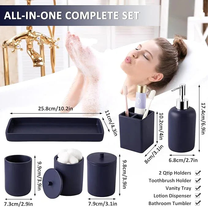Resin 6 Pcs Navy Blue Bathroom Set Complete with Toothbrush Holder, Lotion Soap Dispenser, 2 Qtip Holder Dispensers,Vanity Tray,Bathroom Tumbler - Countertop Vanity Organizer - Bathroom Accessories - ModernBath