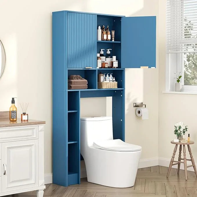 31" W Over The Toilet Storage Cabinet with Fluted Door, Blue Bathroom Organizer with Adjustable Shelf, Toilet Paper Holder Stand Wave Door for Restroom, Laundry Room - ModernBath