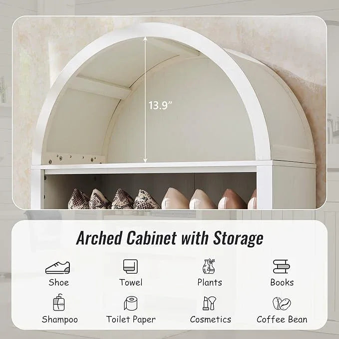 71" Tall Arched Bathroom Storage Cabinet, 7-Tier Modern Farmhouse Storage Cabinet with Adjustable Shelves, Wood Freestanding Cabinet for Bathroom, Living Room, Entryway, Hallway (Antique White) - ModernBath