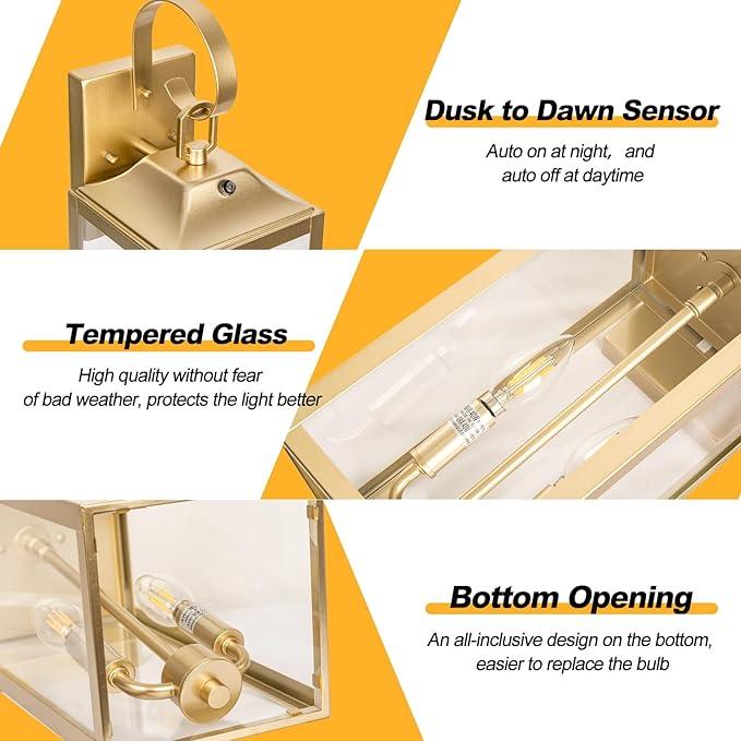 Gold Dusk to Dawn Outdoor Wall Lantern 2-Light, 19" Large Modern Wall Sconce Light Fixture, Industrial Porch Light, Waterproof Farmhouse Exterior Lamp Lighting - ModernBath
