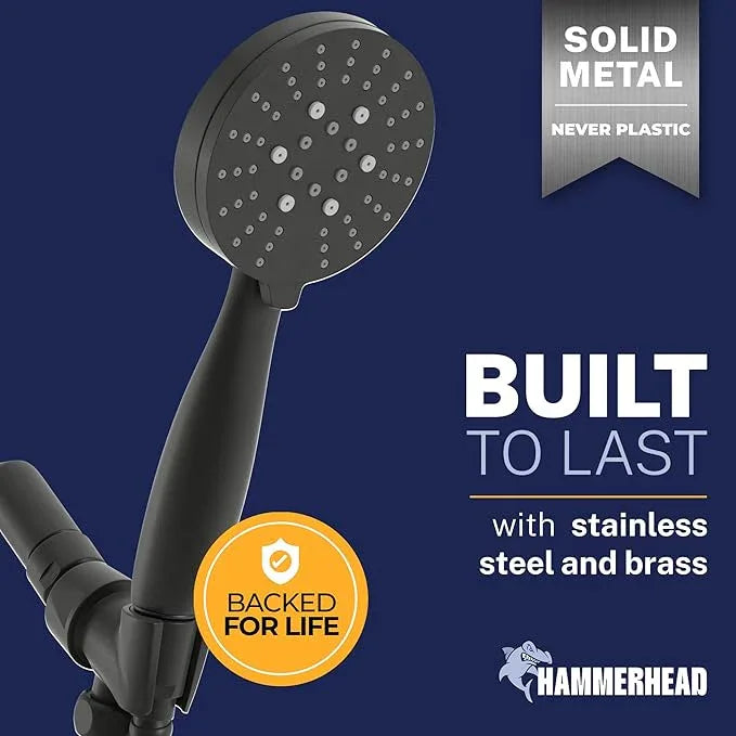 HammerHead Showers® Solid Metal 3-Spray Handheld Shower Head with Long Hose and Holder - MATTE BLACK - WIDE, MASSAGE, and MIST Sprays - 1.8 GPM Low Flow Handheld Showerhead - Water Saving Shower Head - ModernBath