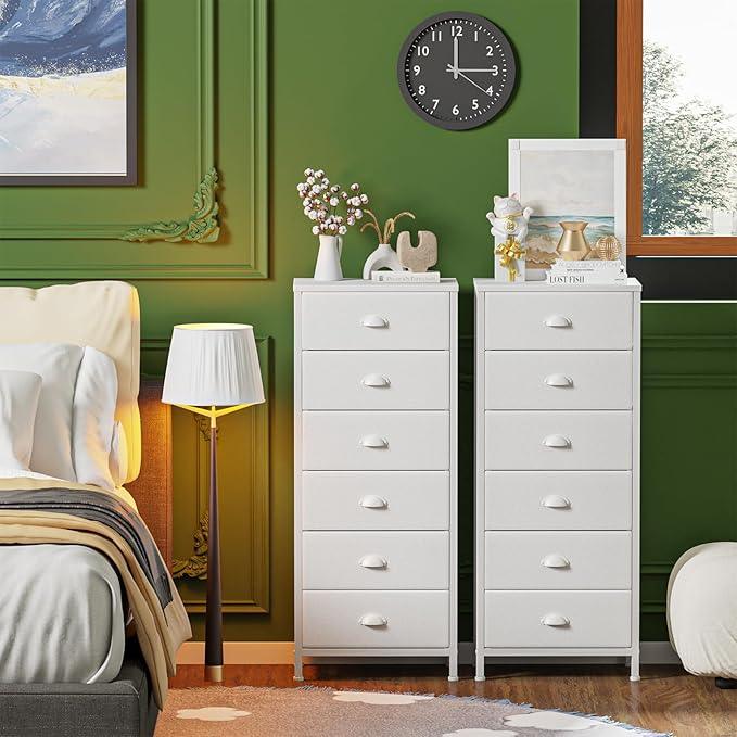 Furnulem White Tall Dresser for Bedroom,Vertical Storage Tower Unit and End Table with 6 Fabric Drawers, Nightstand Furniture with Drawer Organizer in Living Room,Closet,Entryway,Hallyway - ModernBath