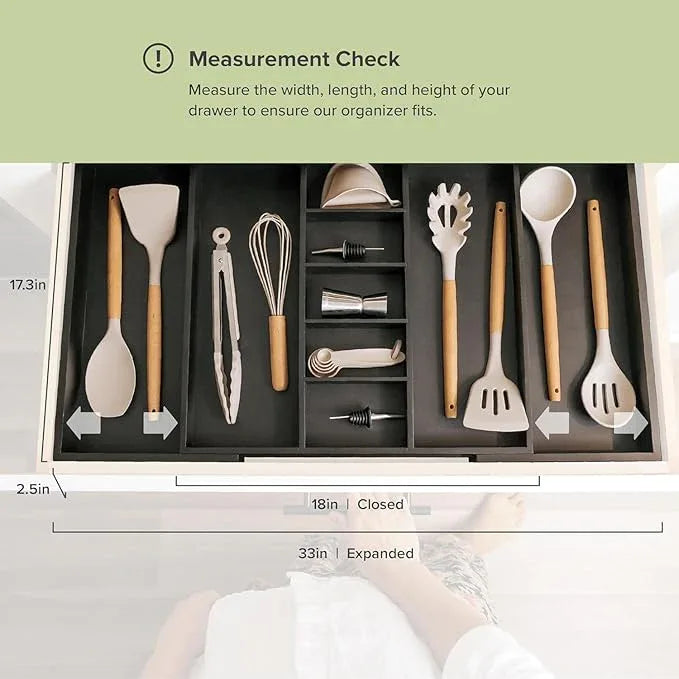 KitchenEdge Adjustable Kitchen Drawer Organizer for Utensils and Junk, Food-Safe Contract Grade with 100% Sustainable Wood, Expandable from 19 to 33 Inches Wide - Black Bamboo - ModernBath