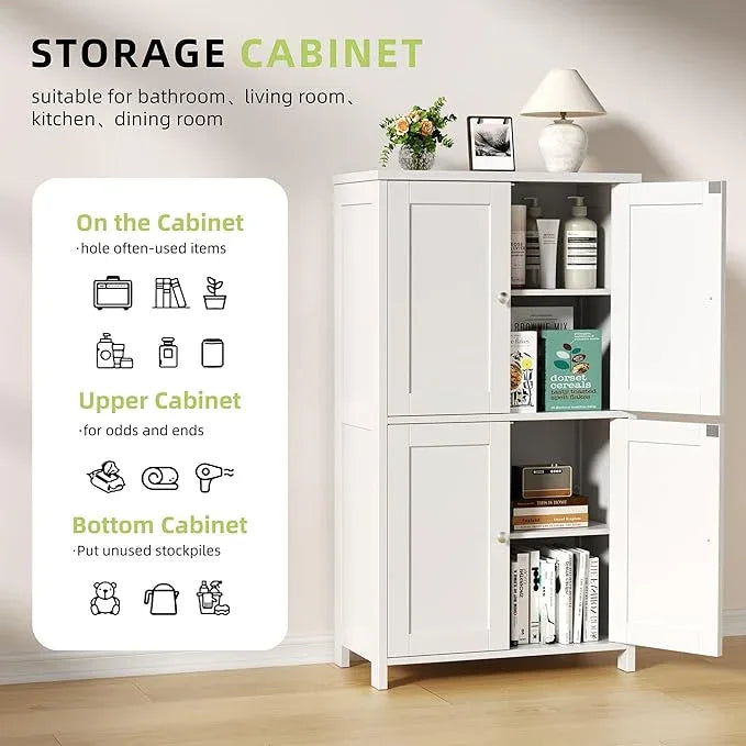 Vongrasig Bathroom Storage Cabinet, Small Bathroom Floor Cabinet with 4 Doors and Adjustable Shelves, Freestanding Modern Cabinet for Entryway, White - ModernBath