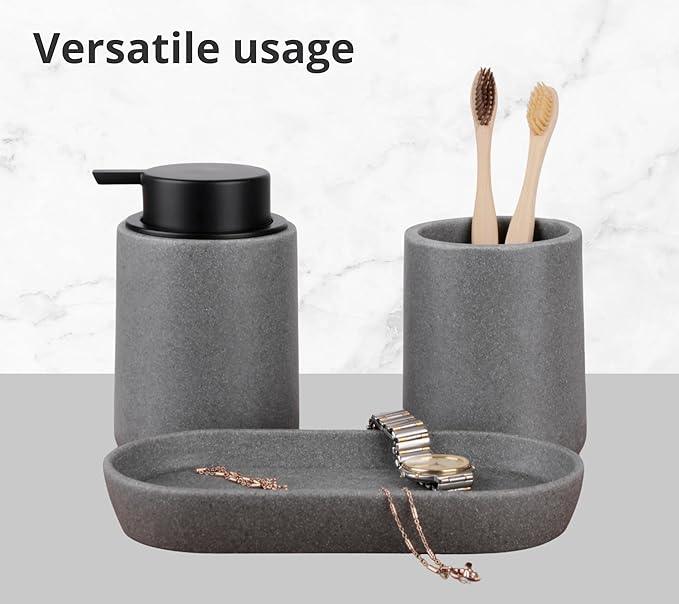 Clasin Home Grey Bathroom Accessories Set, 3 Pcs Resin Bathroom Accessories Complete Set, Sandstone Look Soap Dispenser with Large Pump, Toothbrush Cup, Soap Dish for Modern Home Decor and Kitchen - ModernBath