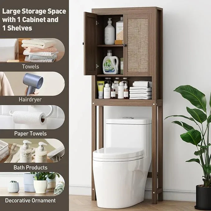 knoworld Rattan Over The Toilet Storage Cabinet, Above Toilet Bathroom Organizer with Adjustable Shelf, Behind Toilet Cabinet, Space Saver for Restroom, Bathroom, Laundry, Caramel Oak - ModernBath