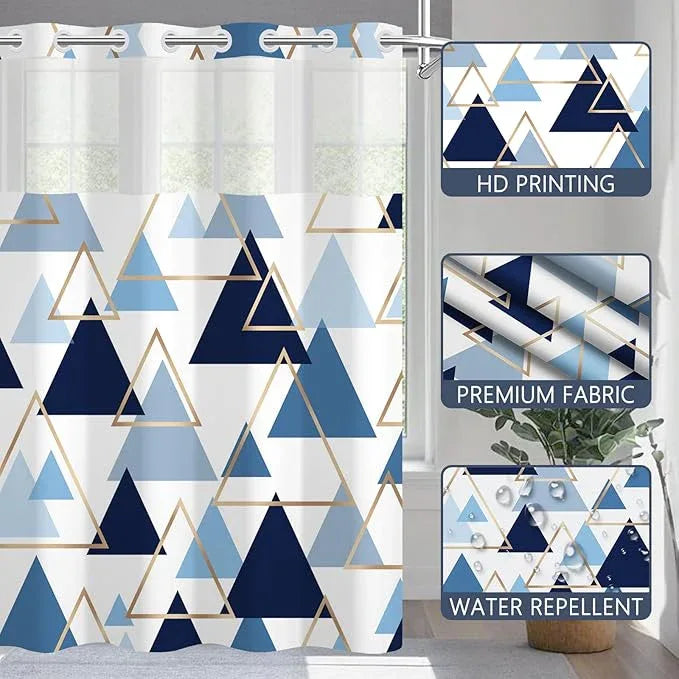 NAEMBCU No Hook Geometric Shower Curtain with Snap-in Liner, Blue and Gold Triangle Bath Curtain with See Through Top, Waterproof Double Layer for Bathroom Decor, 71 x 74 Inch - ModernBath