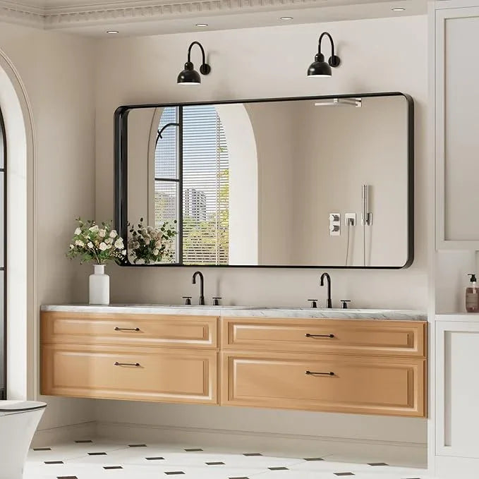 Koonmi Black Bathroom Mirror for Wall, 30x60 Inch Matte Metal Deep Framed Rounded Corner Wall Mirror, Shatterproof Tempered Glass for Farmhouse Bedroom Entryway, Vertically or Horizontally - ModernBath