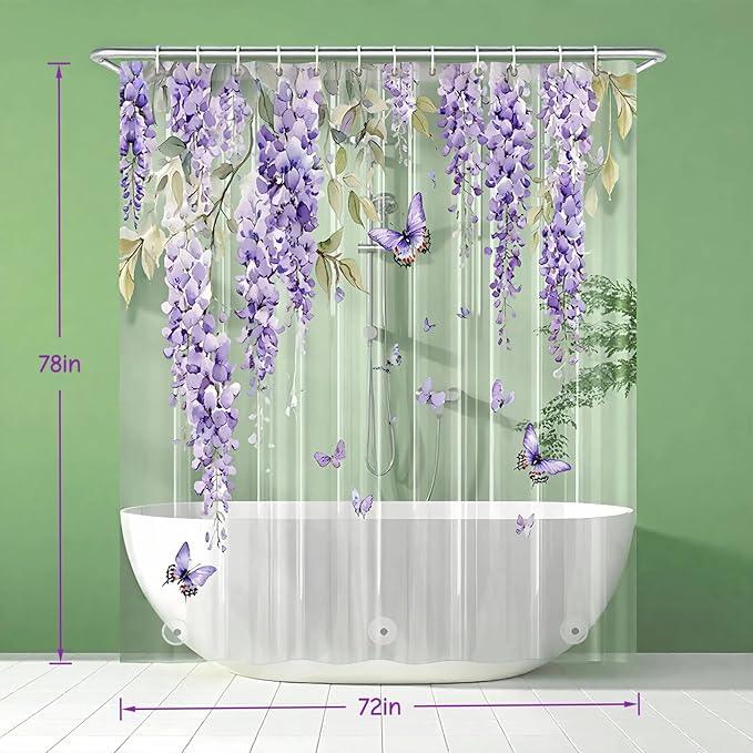 Clear Purple Floral Lavender Butterfly Shower Curtain, Plastic Transparent Cute Pretty Flower Decorative Aesthetic Shower Curtains for Bathroom, 72x78 Weighted Magnetic Shower Curtain Liner with Hooks - ModernBath