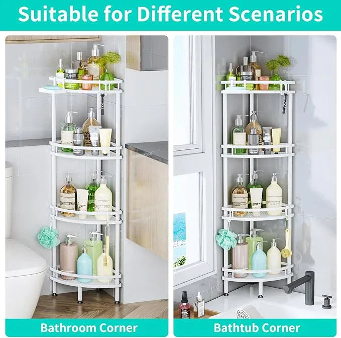 HapiRm Standing Corner Shower Caddy - 4 Tier Shower Organizer Corner with Soap Holder and 4 Hooks, Rustproof Bathroom Storage Shelves with Adhesives, White - ModernBath