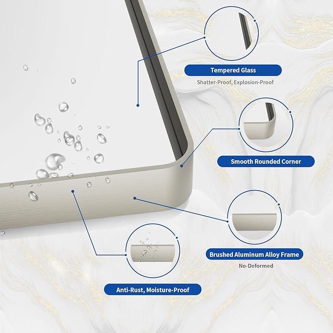 WEER 48X36 Inch Brushed Nickel Bathroom Mirror, Brushed Silver Metal Frame Mirror, Rounded Rectangle Silver Bathroom Vanity Mirror, Tempered Glass, Anti-Rust, Hangs Horizontally or Vertically - ModernBath