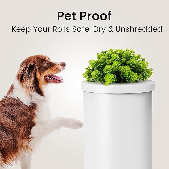 Cesun Toilet Paper Storage Bin, Enclosed Toliet Paper Holder with 3-Roll Capacity, White Stainless Steel Canister with Decorative Green Plant Lid - ModernBath