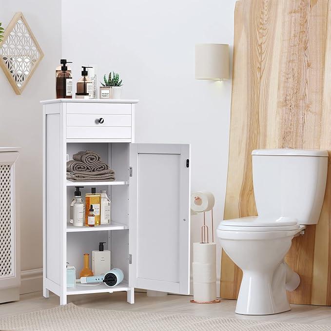 HAPPYGRILL Small Bathroom Storage Cabinet,Single Door Narrow Storage Cabinet Organizer w/Drawer & 3-Level Adjustable Shelves,Bathroom Cabinets Freestanding w/Anti-Tipping Device for Living Room Toilet - ModernBath