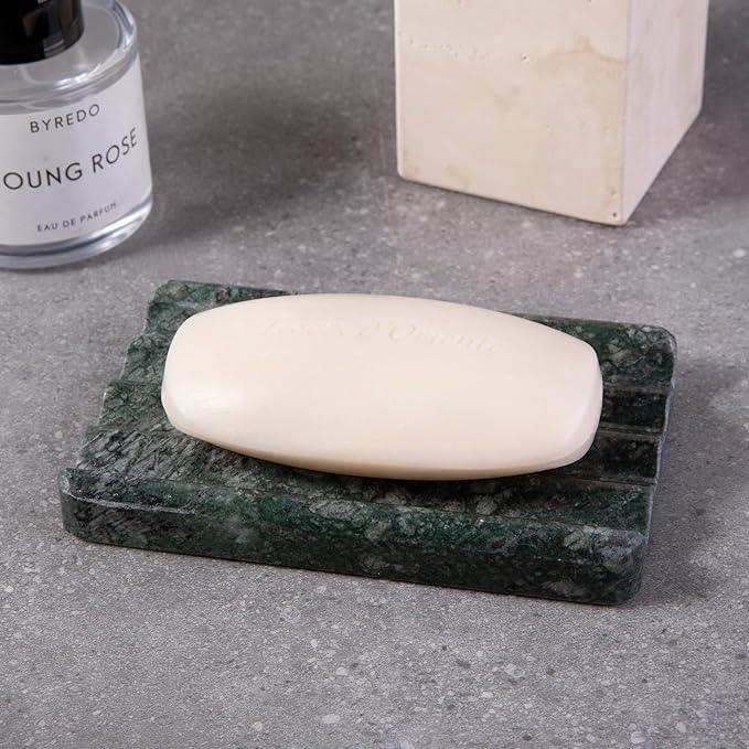 2PCS Koville Indian Natural Green Marble Soap Dish for Shower, Stone Soap Tray for Bathroom, Marble Bar Soap Holder for Sink, Stripe Grooves Soap Saver Sponge Holder - ModernBath