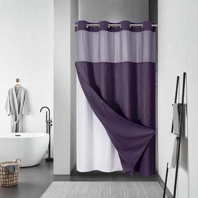 eachope Purple No Hook Waffle Weave Shower Curtain with snap-in Liner Replacement, 230GSM Waterproof Fabric Hotel Shower Curtain Set for Bathroom, Through Mesh Top Window,54Wx80H - ModernBath