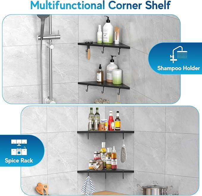 Corner Shower Shelves, 10" Matte Black 304 Stainless Steel Recessed Shelf for Bathroom，Grout in Shelf with Hooks for Tiled Wall 2 Pack (Black) - ModernBath