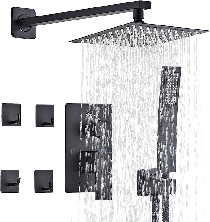 Shower Faucet Set Matte Black Complete Shower System with 8 Inches Rain Shower Head and Handheld Spray Bathroom Rain Shower Faucet Set Rainfall Shower System with Shower Valve（RY3-LYQ2-Black） - ModernBath