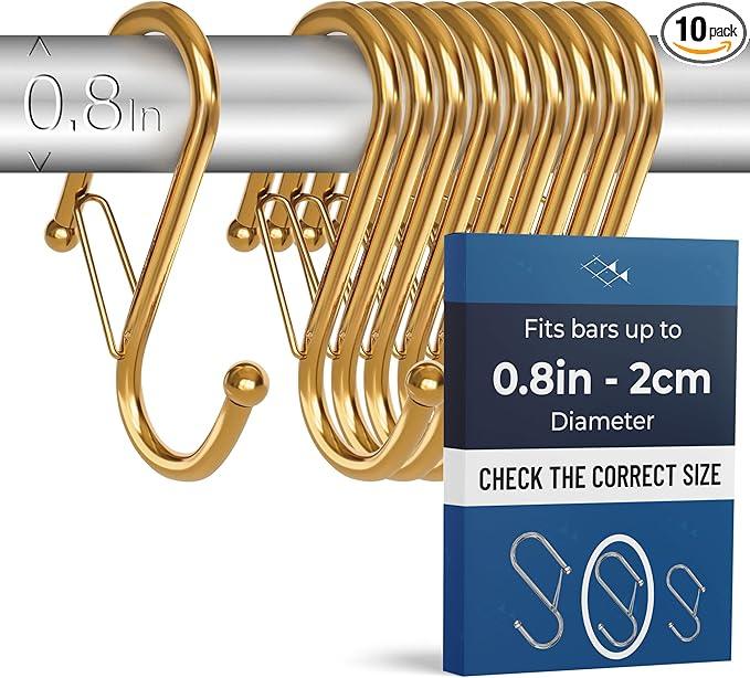 Blau Marité 10-Pack Metal S Hooks for Hanging – Heavy-Duty S-Shaped Hook with Safety Buckle – Fits Bars up to 0.8 In – Anti-Drop S-Hooks for Kitchen, Bathroom, Closet & Pot Racks – Gold (Medium) - ModernBath