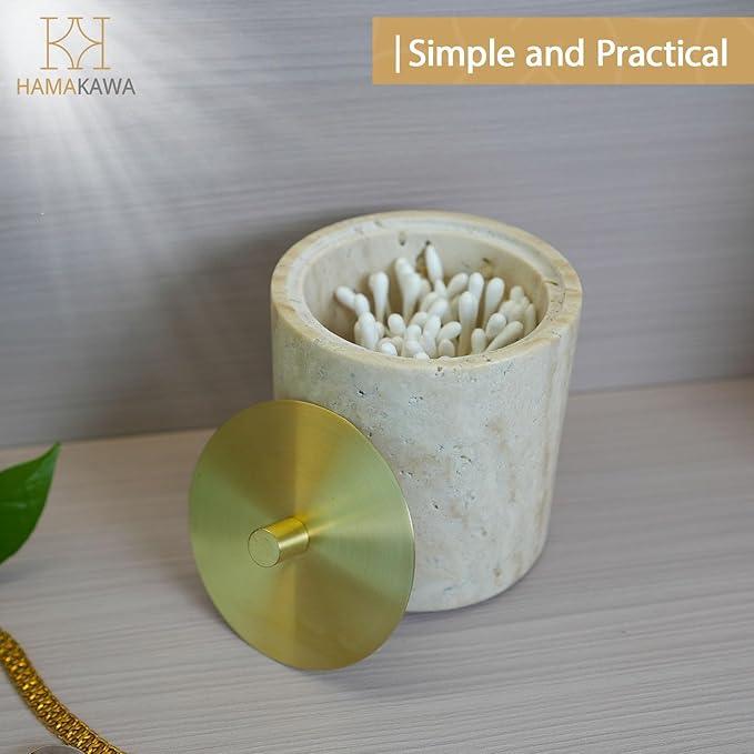 HAMAKAWA Nartural Marble Qtip Holder with Brass Lid, Beige Travertine Cotton Swab Jar, Modern Round Canister, Small Apothecary Storage Jars for Bathroom, Bedroom, Vanity, Kitchen Cabinet - ModernBath