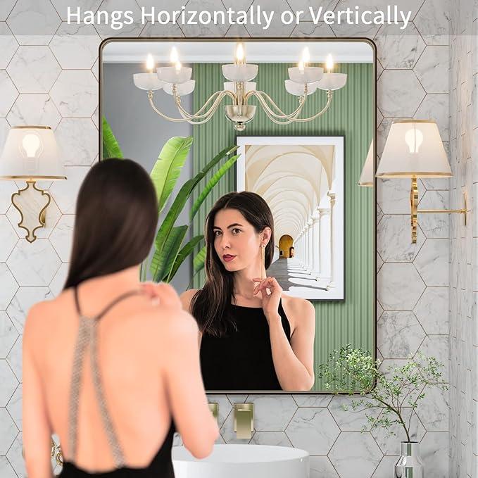 LOAAO 28”X36” Bronze Bathroom Mirrors for Vanity, Rounded Rectangle Brushed Bronze Metal Frame Mirror, Anti-Rust, Hangs Horizontally or Vertically - ModernBath