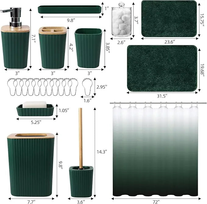 XLHOMO Dark Green Bathroom Accessories Set with Ombre Shower Curtain and Bathroom Rugs,Bathroom Sets with Trash Can,Toothbrush Holder and Cup,Soap Dispenser,Tray,Soap Dish,Toilet Brush,Qtip Holders - ModernBath