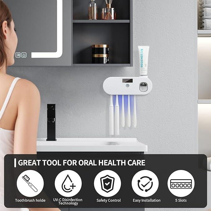 Toothbrush Holders - OVAS HOO Toothbrush Holder for Bathroom 5 Toothbrush Slots Toothbrush Holder Wall Mounted with Toothpaste Dispenser Chargeable Tooth Brushing Holder (White) - ModernBath