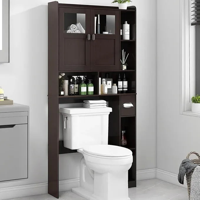 Vabches Over The Toilet Storage Cabinet, Bathroom Shelf Over Toilet with Glass Doors and Adjustable Shelves, Espresso Freestanding Home Space Save Toilet Rack for Restroom, Bathroom, Laundry - ModernBath