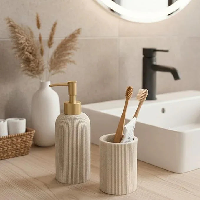Lunestella Sand Beige Hand Soap Dispenser for Bathroom and Kitchen with Matte Gold Pump, Lotion, Dish Soap, Multiuse, Luxury Farmhouse Style, Sandstone Finish, Rust Proof, 7oz (Matte Gold) - ModernBath