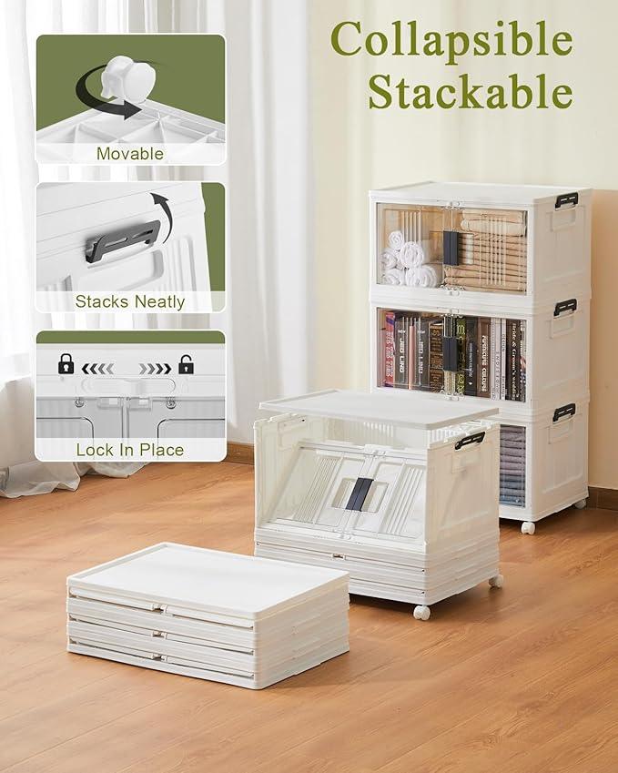 OlarHike 144QT Lockable Storage Bins with Lids - Folding Storage box with Doors and Wheels, Collapsible Plastic Bins for Closets, Stackable Organizer and Containers, Gifts, 3 Pack Cubes - ModernBath