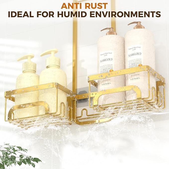 REINHARDT Shower Caddy Hanging for Handheld Showerheads Adjustable Split Shower Caddy, Rustproof Shower Organizer with Hooks for Razors Over the Head Caddy with Soap Holder Bathroom Accessories, Gold - ModernBath