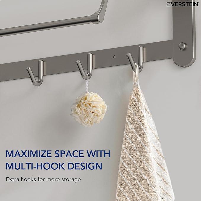 Bathroom Towel Rack with Storage Shelf and 5 Hooks, 23.6 in Foldable Towel Shelf Bar, Wall Mounted Lavatory Organizer,Brushed Nickel - ModernBath