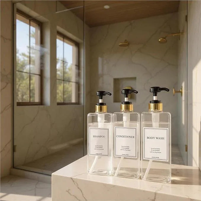 Modern Gold Design Shampoo and Conditioner Dispenser, Large 27oz Shower Soap Dispenser, Set of 3 Refillable Empty Plastic Pump Bottles for Bathroom (6 Waterproof Labels Included), (Clear & Black) - ModernBath