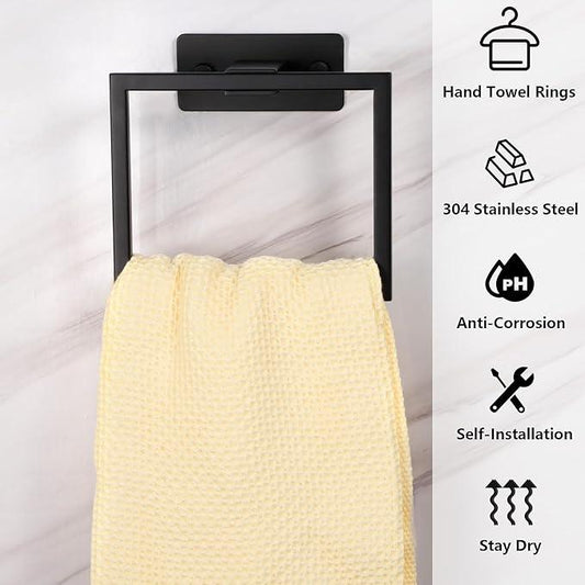 LANC Hand Towel Holder for Bathroom Wall Mount Matte Black Square Self Adhesive Hand Towel Rings for Bathroom Hardware Accessories Kitchen Toilet Stainless Steel Towel Hanger Racks, A8396MB - ModernBath