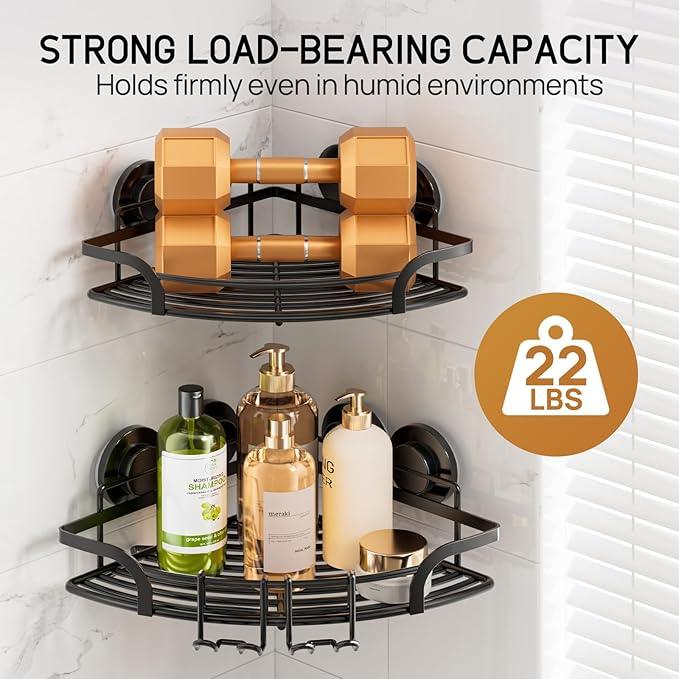 LEVERLOC 2 Pack Strong Suction Cup Corner Shower Caddy, Large Capacity Removable Bathroom Organizer, Stainless Steel Rustproof Shower Shelves with Hook, Drill-Free Wall Mounted Suction Basket, Black - ModernBath