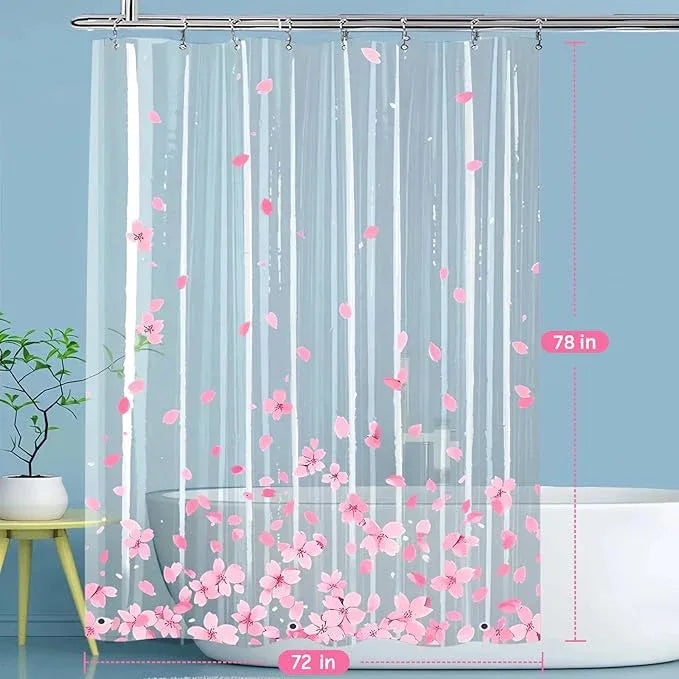 Clear Pink Floral Shower Curtain Liner, Cute Plastic Transparent Cherry Blossom Shower Curtain, Girly Flower Petals Spring Shower Curtains for Bathroom, 72x78 Shower Curtain Set with Magnets 12 Hooks - ModernBath
