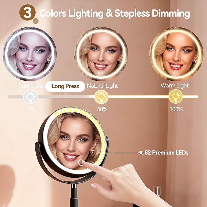 Shinowa Makeup Mirror with Lights, 1X/20X Lighted Magnifying Mirror with Storage for Makeup & Jewelry, 2-Sided Height Adjustable Vanity Mirror with 3 Color Lights, 360° Rotation & Rechargeable, Black - ModernBath