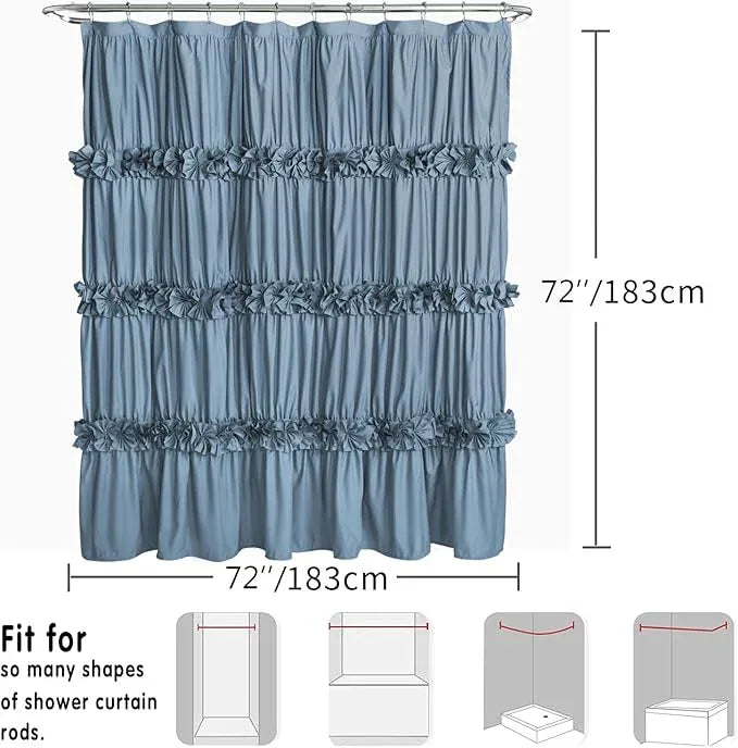 Homechoice Decor Dusty Blue Ruffle Shower Curtain, Vintage Handcrafted Bow Tie Bath Curtain for Master Bathroom, Ruched Microfiber Bathroom Curtain with 12 Buttonholes, 72" W x 72" H (LQ-10) - ModernBath