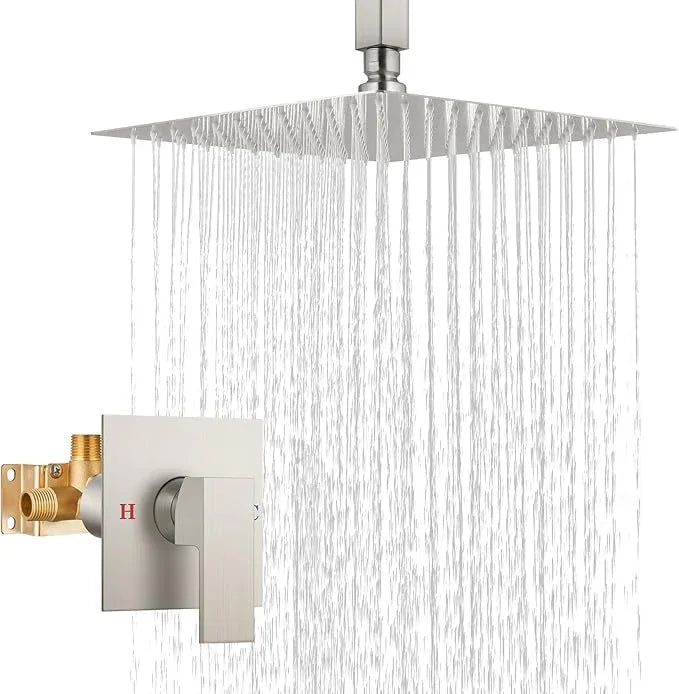 Airuida Shower Faucet Set and Handle Set Single Function Shower Trim Kit Ceiling Mount Rainfall Shower System with Male Threads and Rough-in Valve 10 Inch Square Shower Head Brushed Nickel - ModernBath