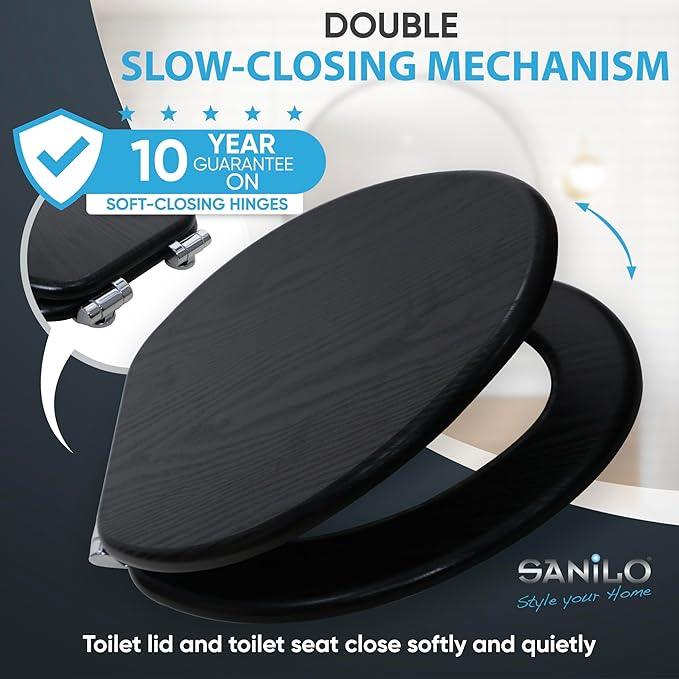 SANILO Wooden Toilet Seat with Soft Close [ELONGATED] - Decorative, Quiet & Slow Close Molded Wood Seat - With Strong Bumpers & Hinges - Adjustable Fit - Black Wood - ModernBath