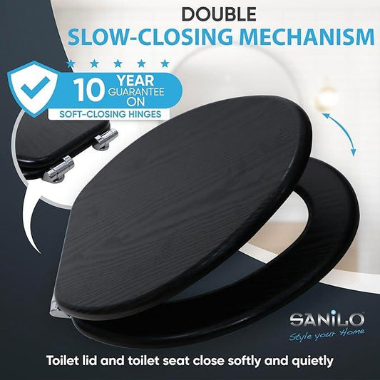 SANILO Wooden Toilet Seat with Soft Close [ELONGATED] - Decorative, Quiet & Slow Close Molded Wood Seat - With Strong Bumpers & Hinges - Adjustable Fit - Black Wood - ModernBath