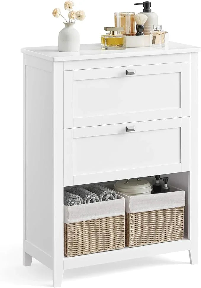 VASAGLE Storage Cabinet, Freestanding Floor Cabinet, 2 Drawers with 1 Set of Adjustable Divider, 2 Baskets, Sideboard, 11.8 x 23.6 x 31.5 Inches, for Bathroom, Living Room, Cloud White UBBC545W02 - ModernBath