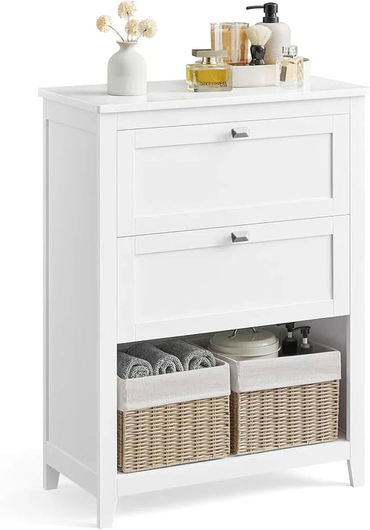 VASAGLE Storage Cabinet, Freestanding Floor Cabinet, 2 Drawers with 1 Set of Adjustable Divider, 2 Baskets, Sideboard, 11.8 x 23.6 x 31.5 Inches, for Bathroom, Living Room, Cloud White UBBC545W02 - ModernBath