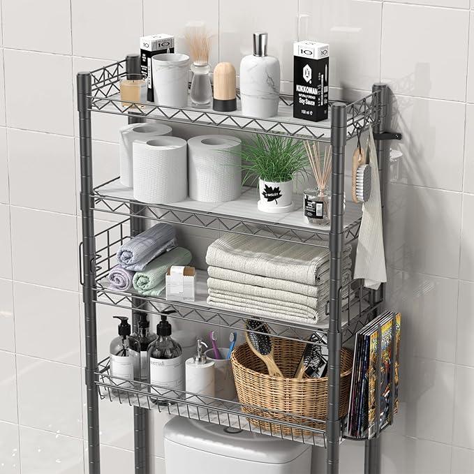 Hodonas 4-Tier Over The Toilet Storage, Adjustable Over Toilet Bathroom Organizer Rack, Freestanding Bathroom Shelves Above Toilet Storage, Sturdy Bathroom Space Saver with Basket and Shelves, Gray - ModernBath