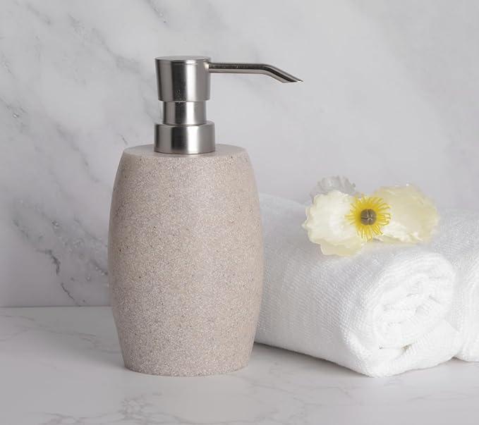 Clasin Home Sandstone Textured Resin Soap Dispenser with Metallic Pump and Waterproof Bottle Labels for Bathroom Kitchen Dish Hand Wash Shower Lotion Shampoo, 12 Oz, Beige - ModernBath