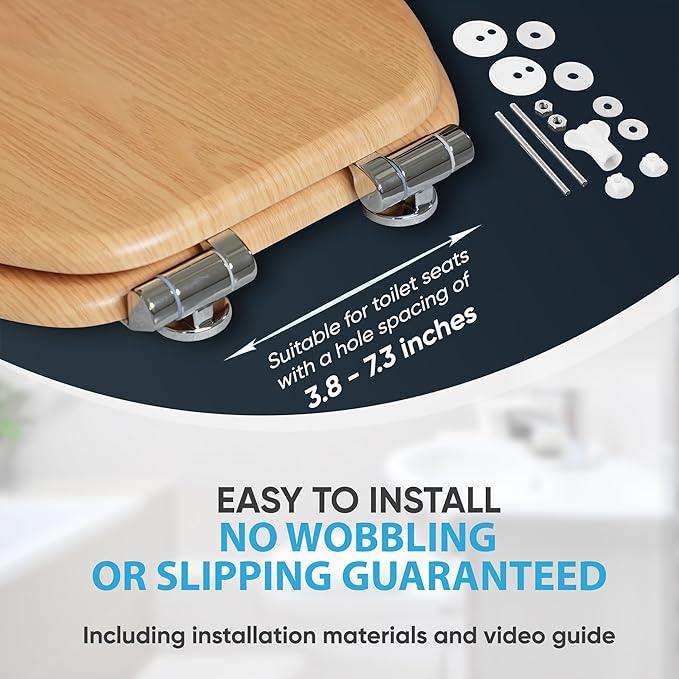 SANILO Wooden Toilet Seat with Soft Close [ELONGATED] - Decorative, Quiet & Slow Close Molded Wood Seat - With Strong Bumpers & Hinges - Adjustable Fit - Wood - ModernBath