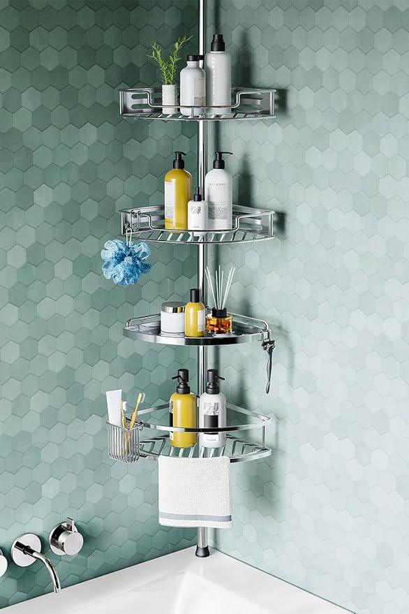 HAMITOR Corner Shower Caddy Tension Pole: Quick Installation 4-Tier Rustproof Bathroom Organizer Shelves for Bathtub Shampoo Storage - 47-121 inch Adjustable Floor Standing Bath Rack Holder - Silver - ModernBath