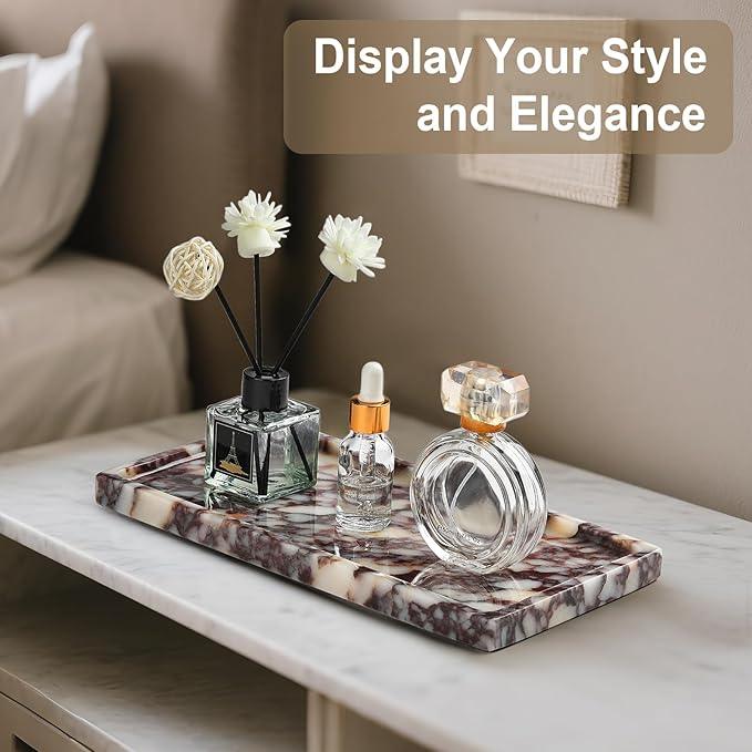 Natural Marble Vanity Tray - Moujings Genuine Marble Perfume Tray for Bathroom Decor, Stone Bathroom Vanity Organizer Tray for Kitchen Counter, Candles, Jewelry, Coffee, Makeup, Key - ModernBath
