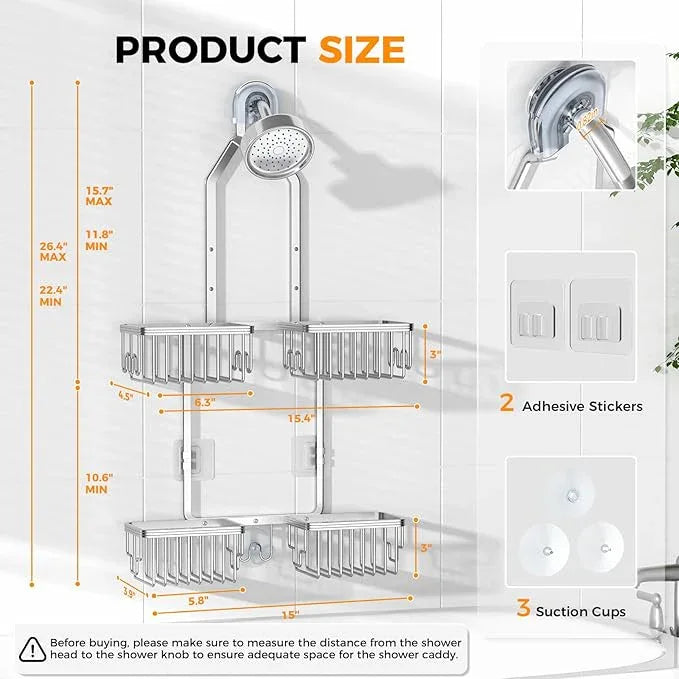 REINHARDT Aluminum Shower Caddy Hanging Adjustable Shower Caddy, Rustproof Hanging Shower Organizer with Hooks Soap Holders, Over Shower Head Caddy for Handheld Showerhead, Silver - ModernBath