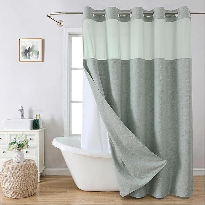 eachope No Hooks Needed Linen Textured Shower Curtain with Snap-in Fabric Liner Set,Sage Green Hotel Luxury Decor Shower Curtains for Bathroom,Water Repellent & Washable,71Wx77H - ModernBath