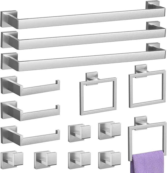 15-Piece Brushed Nickel Bathroom Accessories Set – 23.6" Towel Bar, Towel Ring, Toilet Paper Holder & Hooks, Wall Mounted Bathroom Hardware, Rust & Corrosion-Resistant, Ideal for Modern Bathrooms - ModernBath